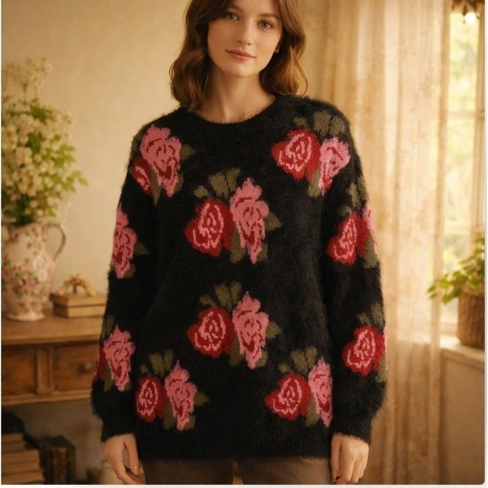 Cotton Emporium Black Rose Floral Fuzzy Knit Sweater Womens Medium
